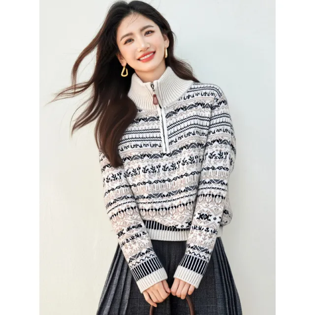 Women's Retro Jacquard Embroidered Knitwear Beige - Shop at LoveMi