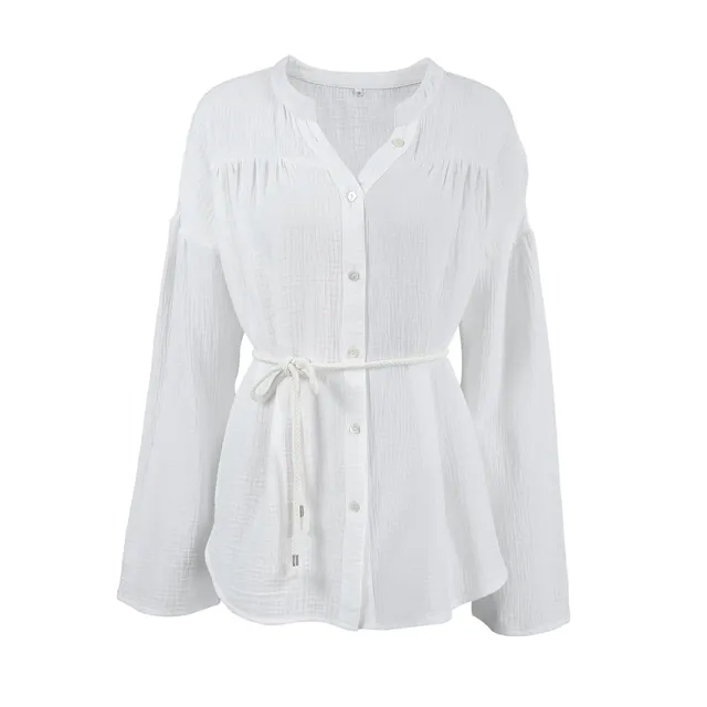 White Cotton Bubble Crepe Belt Small Stand Collar Shirt White - Shop at LoveMi