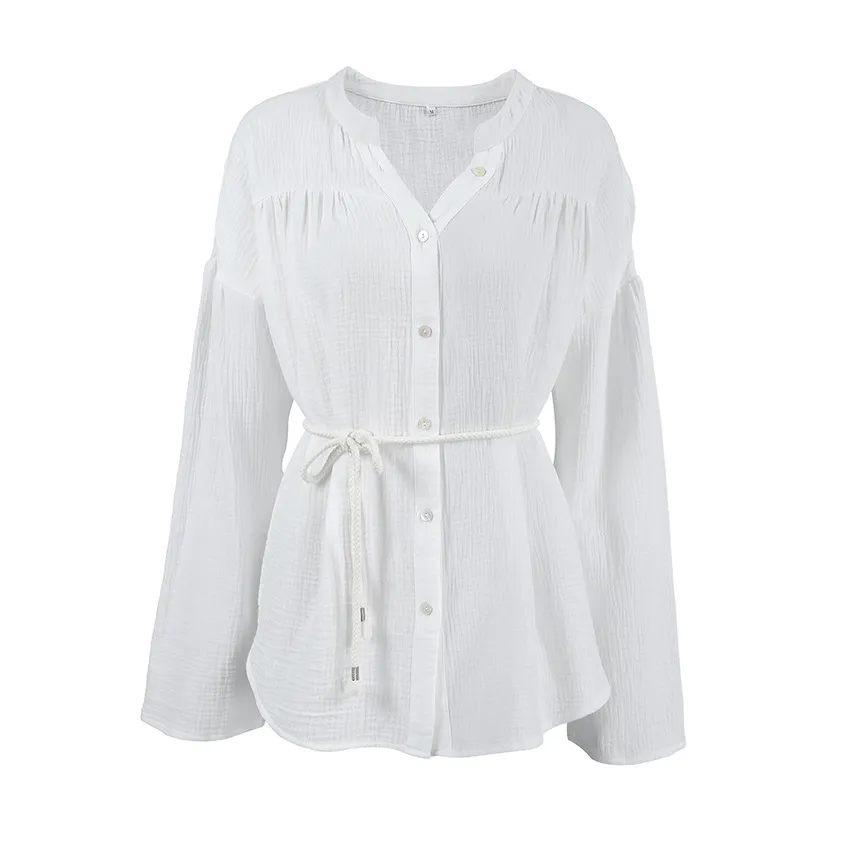 White Cotton Bubble Crepe Belt Small Stand Collar Shirt - White