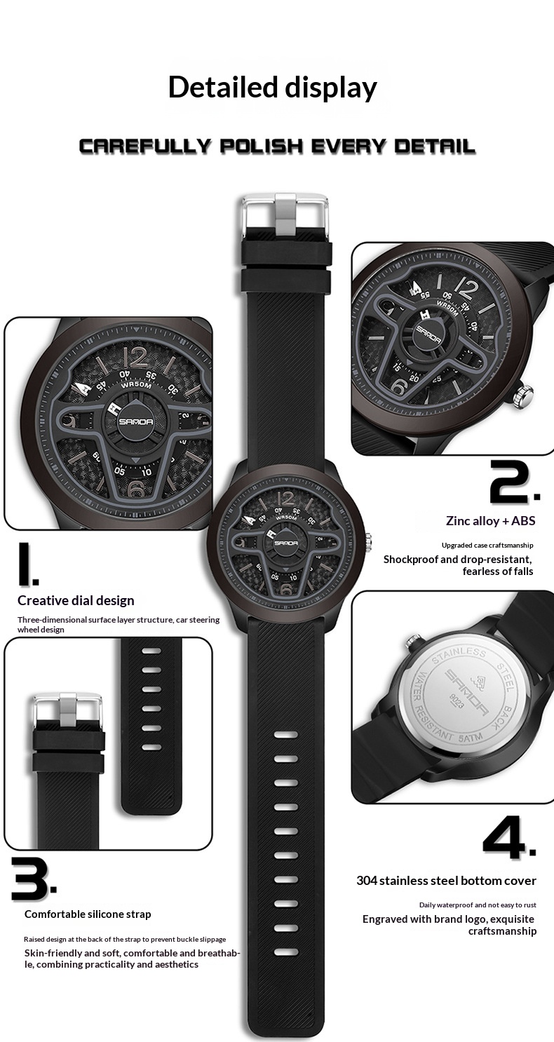 Sanda 9023 Creative Steering Wheel Quartz watch for Men