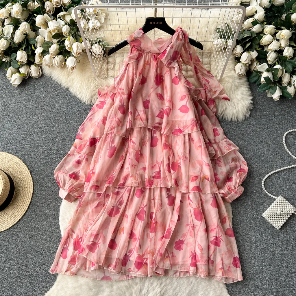 Rare Vacation-style Floral Chiffon Dress - Pink
