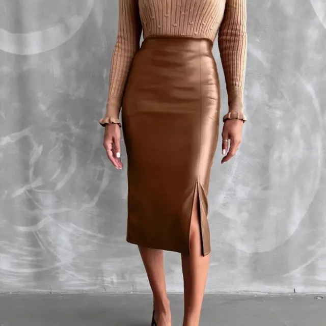 High Waist Slimming All matching Hip Split PU Leather Skirt Camel - Shop at LoveMi