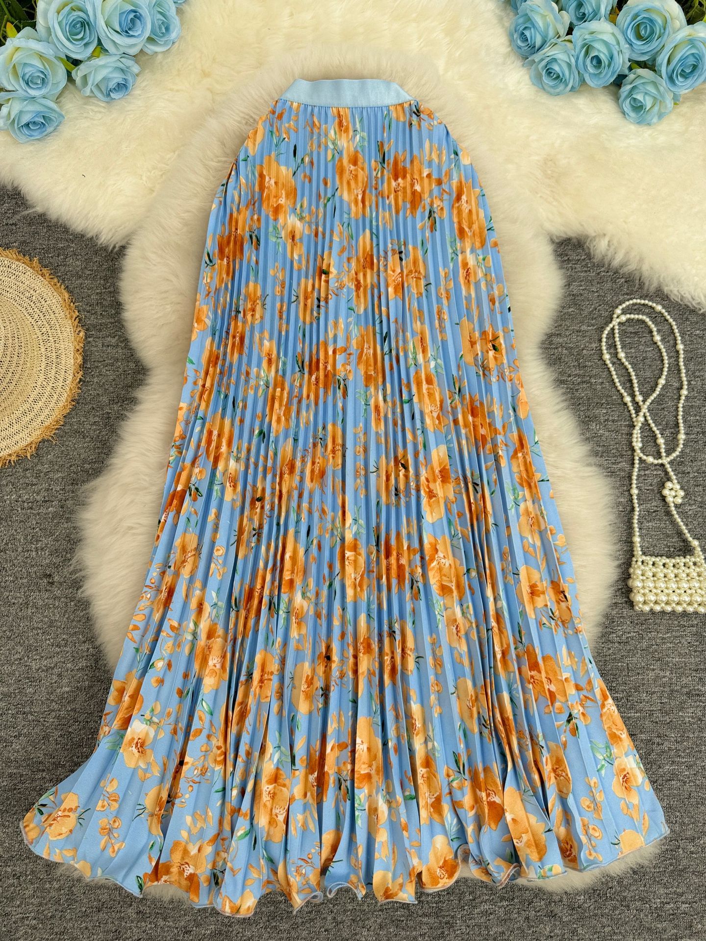 Printed Pleated Skirt For Workwear Versatile And High-waisted