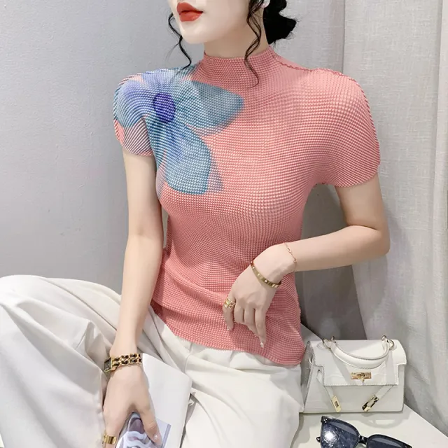 3D Printed Summer Fashion Large Flower Slimming Short sleeved T shirt Pink - Shop at LoveMi
