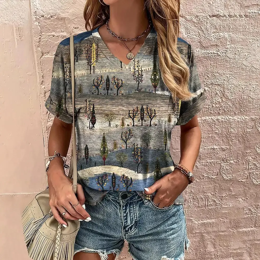 Female V-neck Casual Harajuku Striped Printed T-shirt - 3W 5Zd7K
