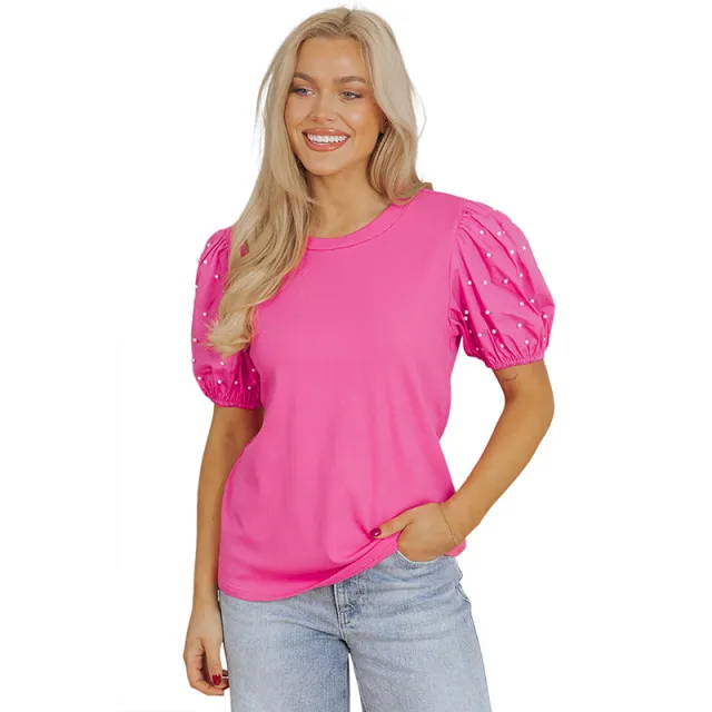 Summer New Solid Color Round Neck Pullover Simple Women Pink - Shop at LoveMi