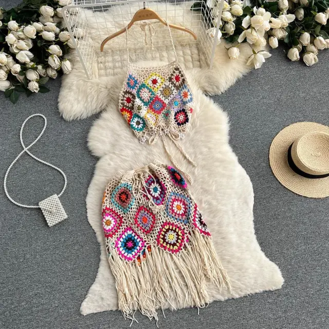 Bohemian Style Knitted Hollow Crocheted Halter Tube Top Short Skirt Two piece Set Apricot - Shop at LoveMi