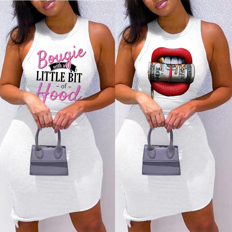 Slim Fit Sunken Stripe Hemming Heat Transfer Printing Dress