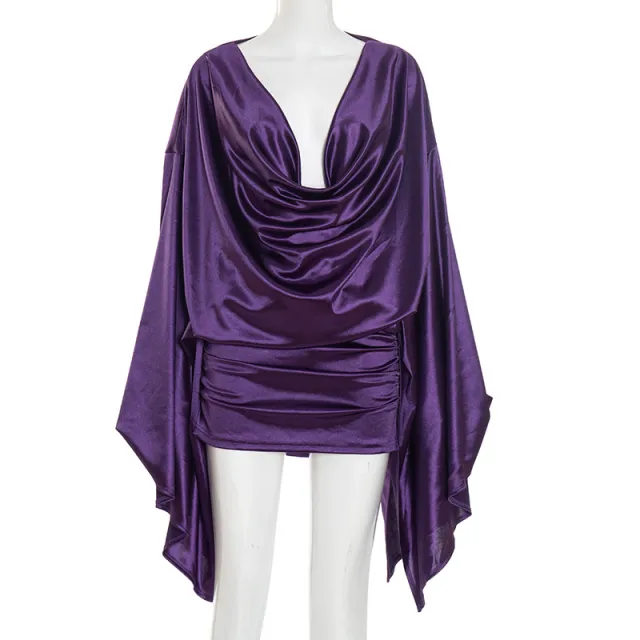 Women's Solid Color Elegant Draped Collar Swing Sleeve Bodycon Dress Purple - Shop at LoveMi