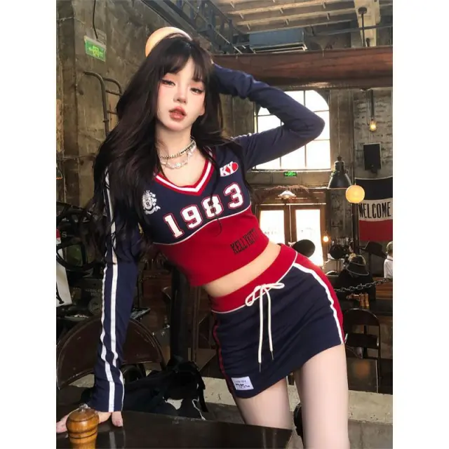 Long Sleeve Printed Sports Casual Top Sheath Skirt Outfit Blue Top - Shop at LoveMi