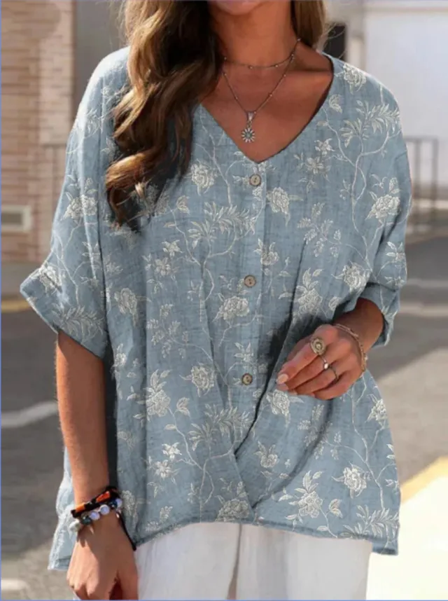 Printed V neck 5 Points Drop shoulder Sleeve Cotton And Linen Loose Casual Shirt Silver Tree - Shop at LoveMi