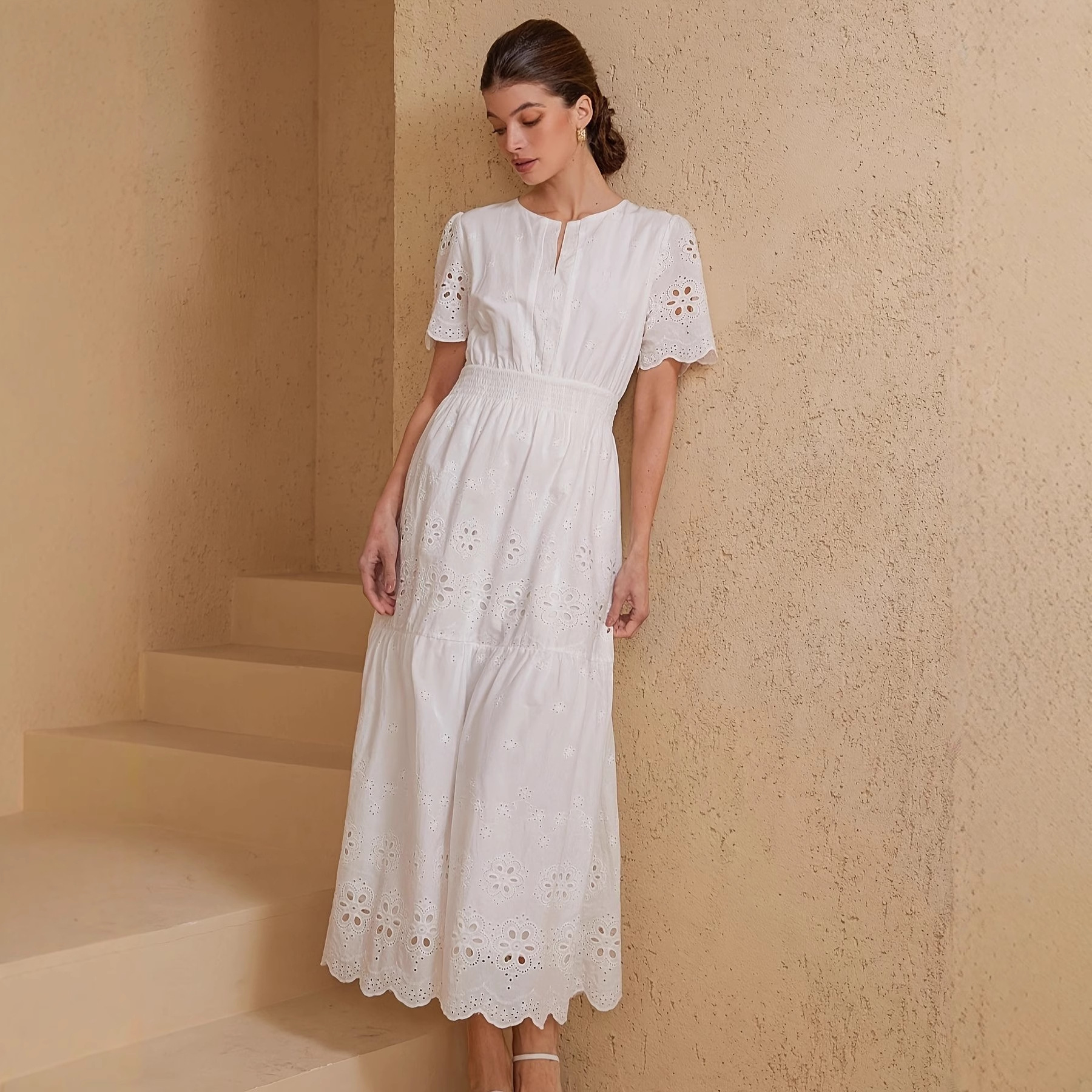Women's Hollow-Out Embroidered Short-Sleeve Dress