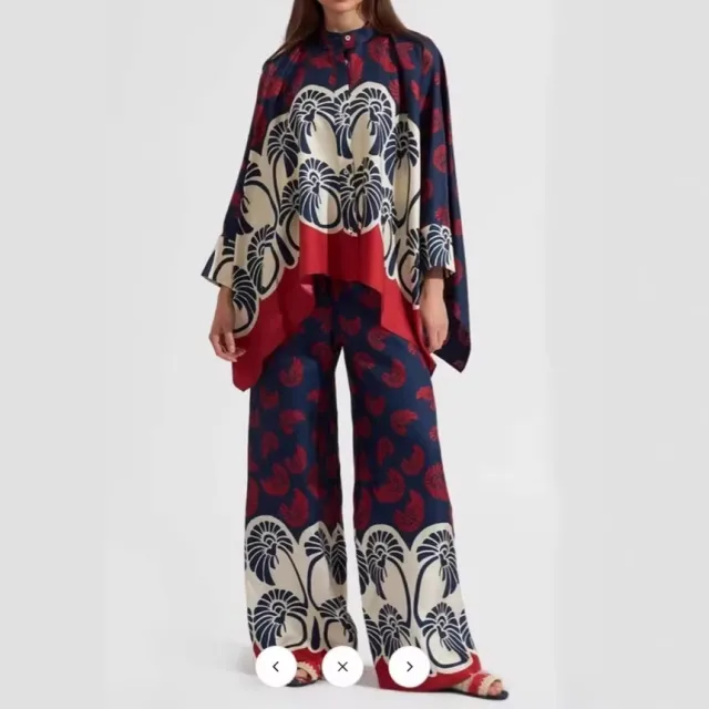 Printed Patchwork Peplum Shirt And Wide Leg Pants Set Color M - Shop at LoveMi