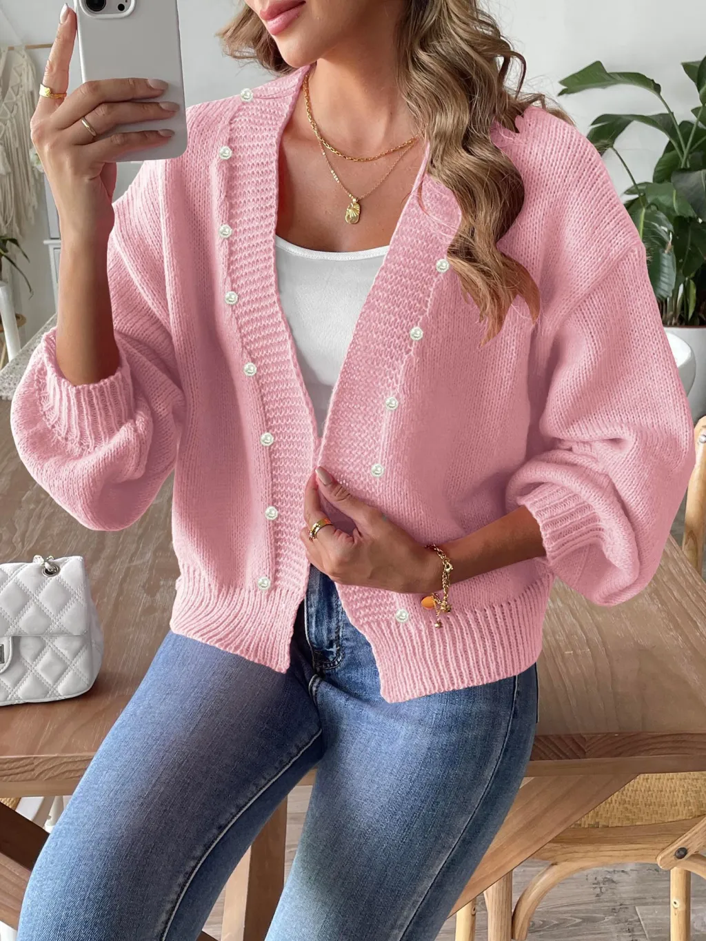 Women's Short Pearl Beaded Cardigan Loose Buckle-free Sweater Coat - Pink