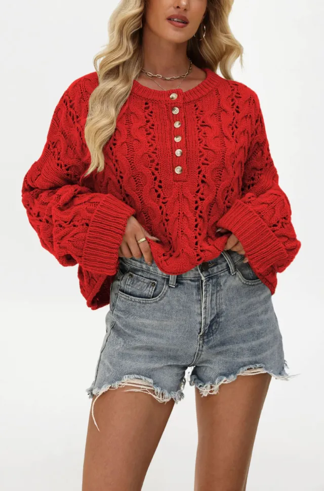 Loose Solid Color Pullover Short Knitted Button Sweater Red - Shop at LoveMi