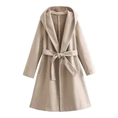 Women's Lace-up Waist Elegant Hooded Woolen Coat - Khaki - View 1