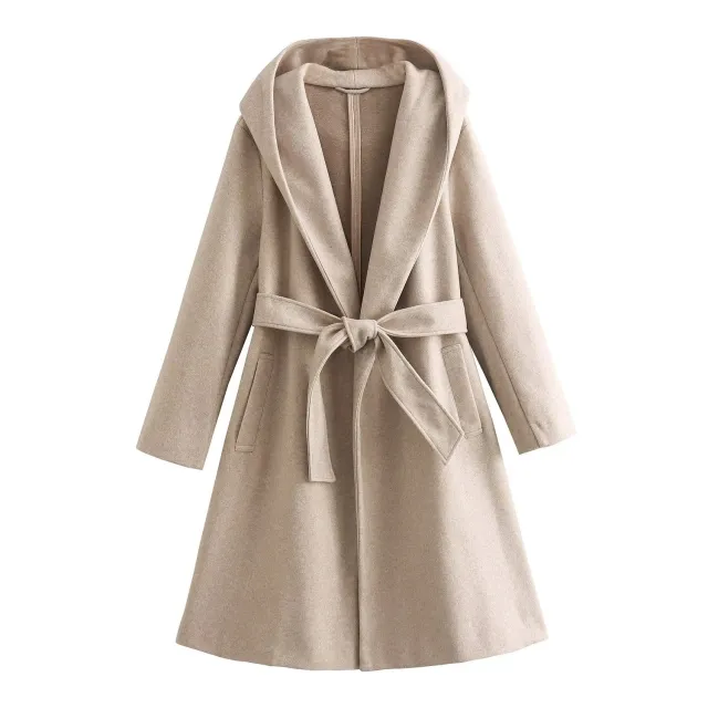 Women's Lace up Waist Elegant Hooded Woolen Coat Khaki - Shop at LoveMi