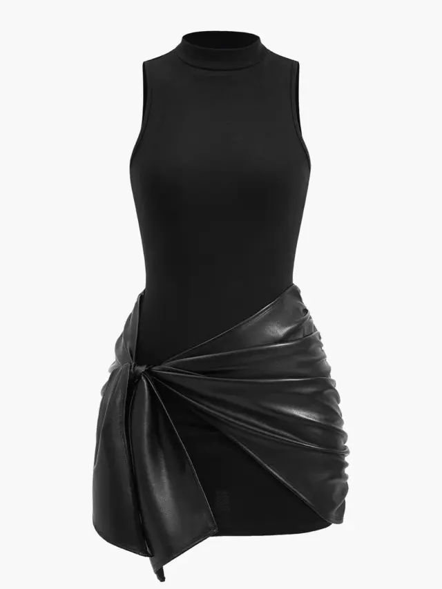Solid Color Sleeveless Mini Dress Front Lace up PU Decoration Two piece Set Black - Shop at LoveMi