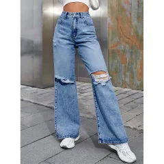 Women's Fashion Holes High Waist Casual Denim Trousers - Dark - View 1