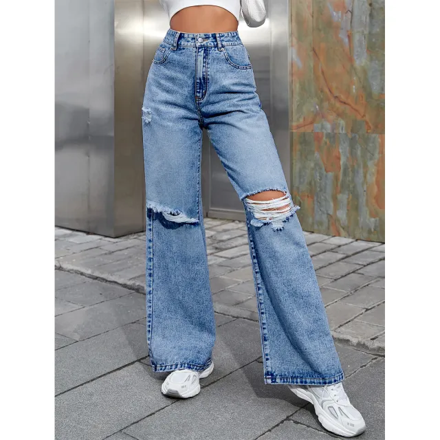 Women's Fashion Holes High Waist Casual Denim Trousers Dark S - Shop at LoveMi