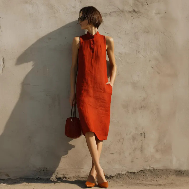 Women's Sleeveless A-Line Midi Dress in Scarlet – solid color casual knit dress
