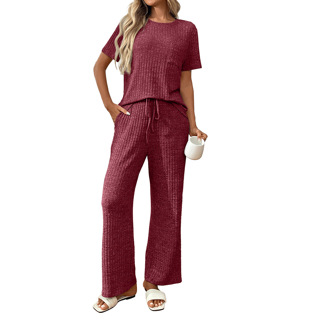 Solid Color Rib Fabric Pajamas Round Neck Short Sleeve Trousers Homewear Suit Red - Shop at LoveMi