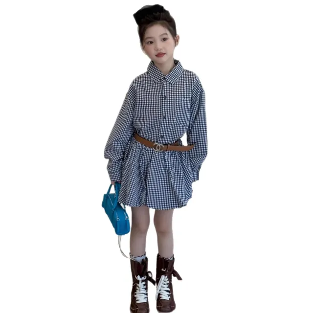 Children's Dress Miu Miu Style Plaid Shirt Long Sleeve Dress For Girls Floral Bud Skirt Floral - Shop at LoveMi