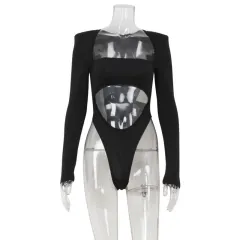 Long Sleeve Tube Top Hot Hollow Design High Waist Padded Shoulder Women's Jumpsuit - Black - View 1
