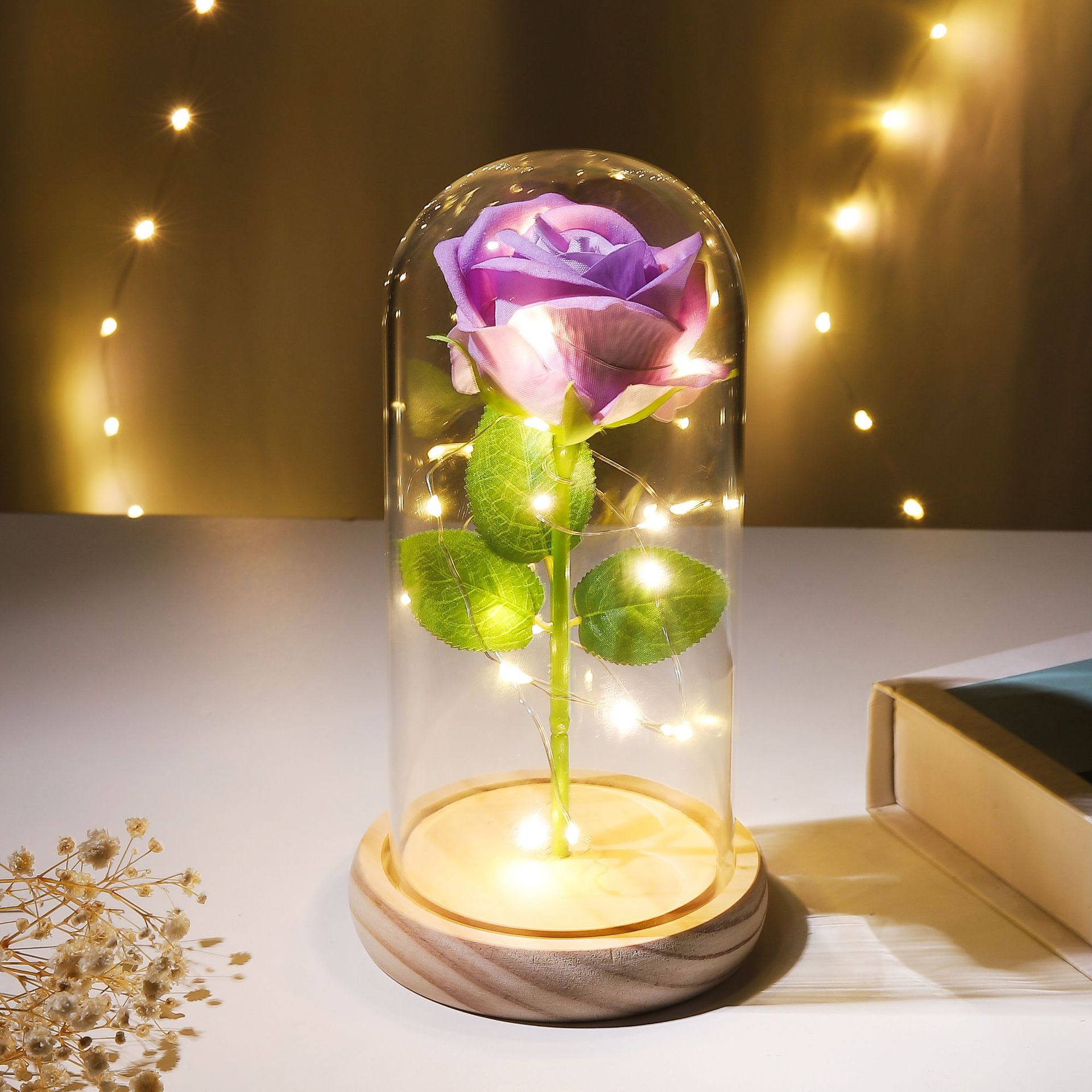 Preserved Flower Glass Dome Artificial Rose Night Light For Christmas