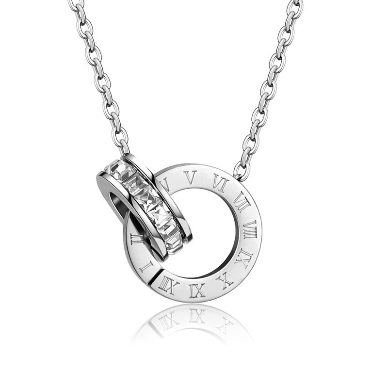 Roman Numeral Double-ring Full-diamond Titanium Steel Necklace
