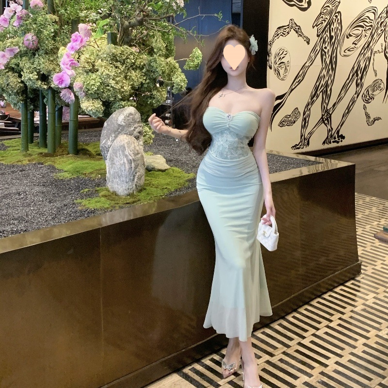 Adult Lady Like Woman Long Dress French Halter Mesh Dress