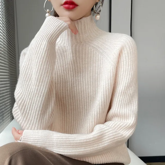Pure Wool Half Turtleneck Pullover Solid Color Simple Bottoming Sweater Rice Flower M - Shop at LoveMi