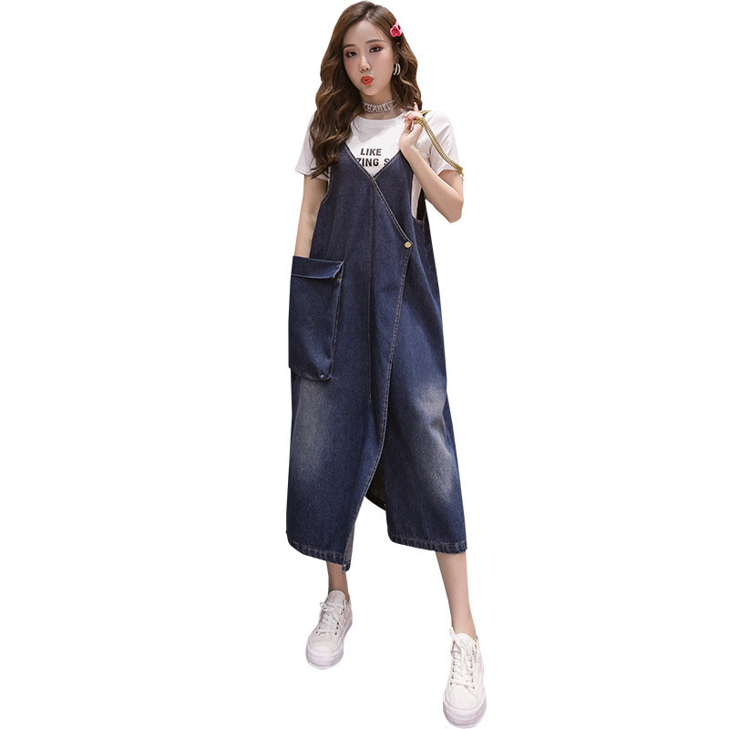 Korean Style Loose Casual Denim Suspender Skirt Mid-length