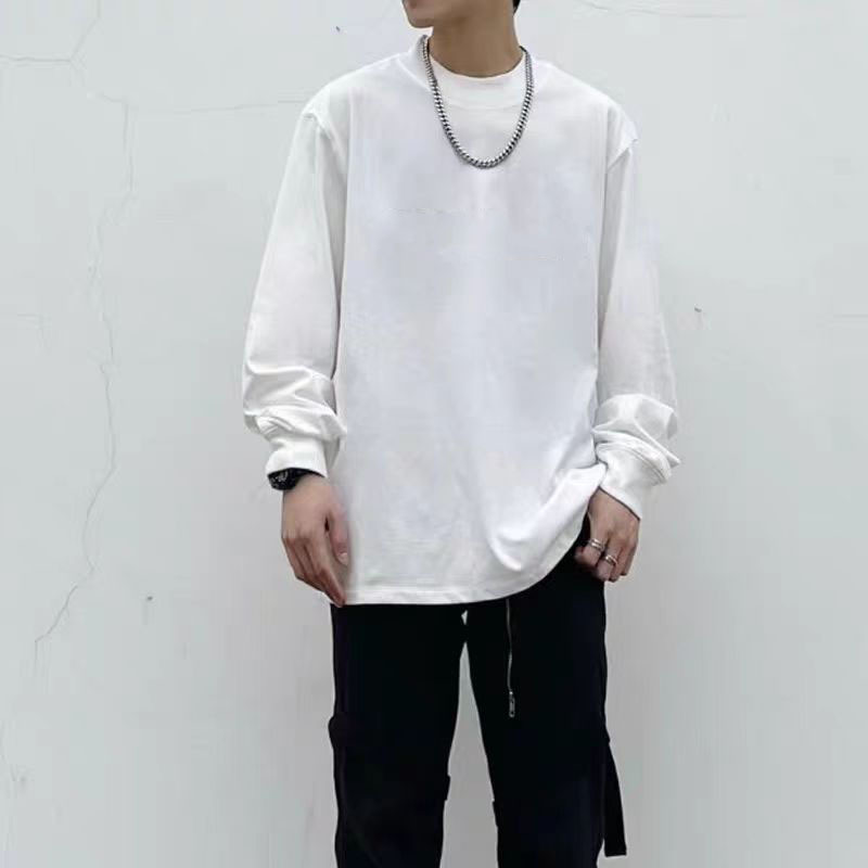 Men's Relaxed Cotton Long-Sleeve T-Shirt - white front view showing dropped shoulders and cuffed sleeves