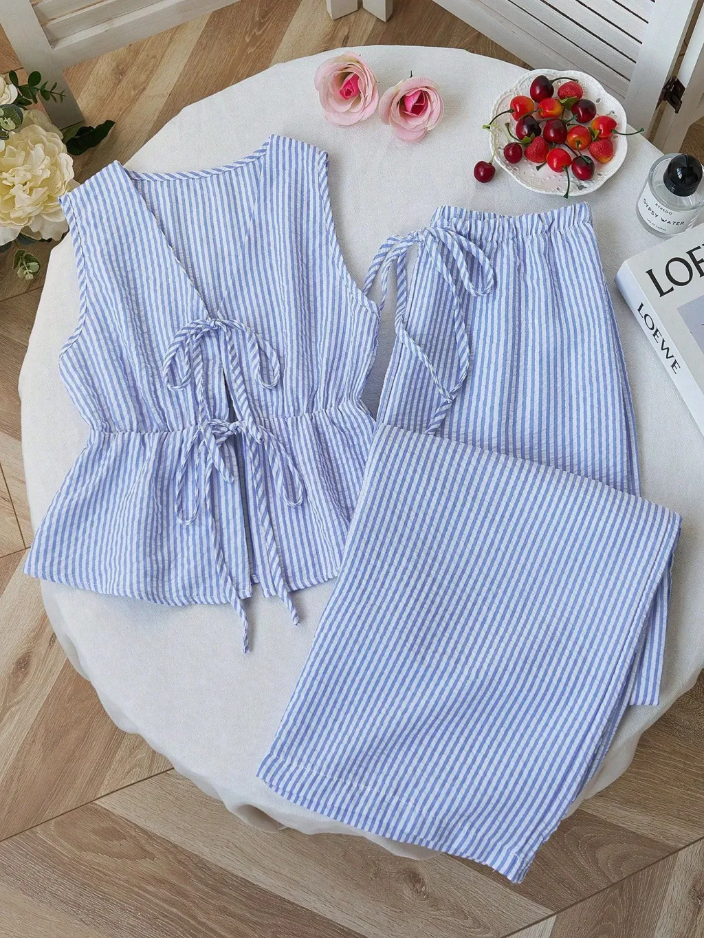 Loose-fit Tank Top With Tie Details Paired With Solid-color Pants - Blue