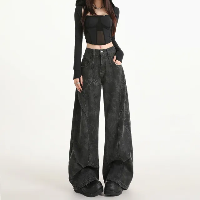Women's Plus Size Printed Pleated Straight Leg Floor Length Wide Leg Pants Black And Gray - Shop at LoveMi
