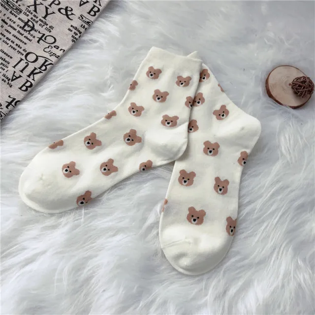 Cute Cartoon Bear Socks For Women Ins White Background Full Printing - Shop at LoveMi