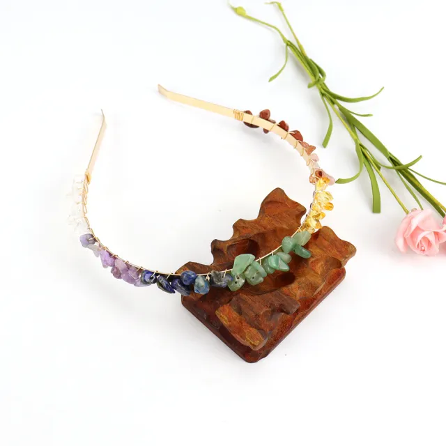 Winding Golden Double Row Natural Crystal Gravel Headband Golden Double Row Colorful - Shop at LoveMi