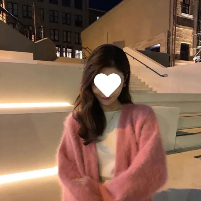 Mink-like Wool Cardigan Loose Size Thickened Mid-length Idle Style Knitted Coat - Pink 86Cm