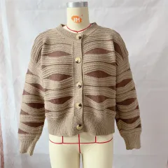 Irregular Striped Contrast Colour Single-breasted Round Neck Sweater Coat - Khaki - View 1