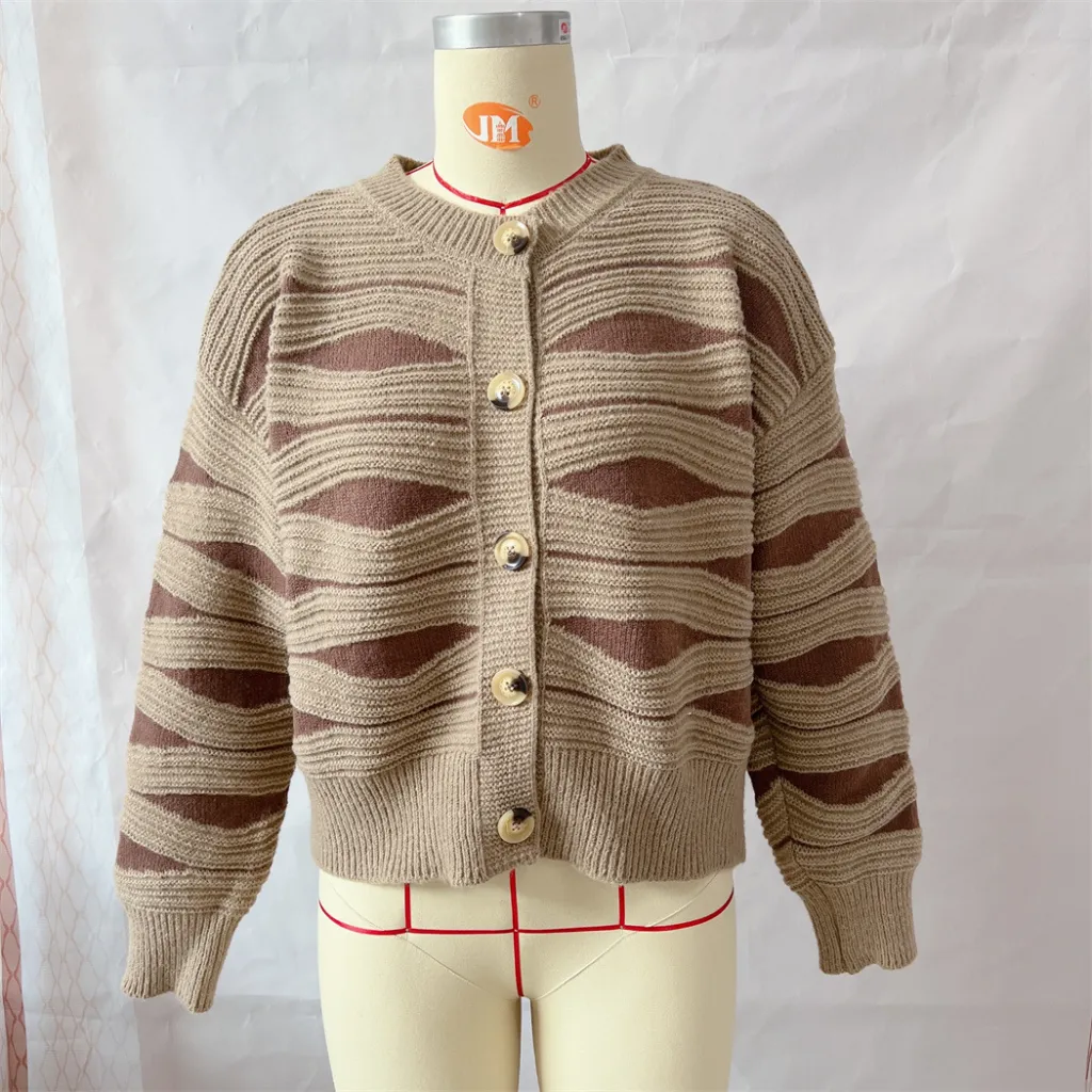 Irregular Striped Contrast Color Single-breasted Round Neck Sweater Coat - Khaki