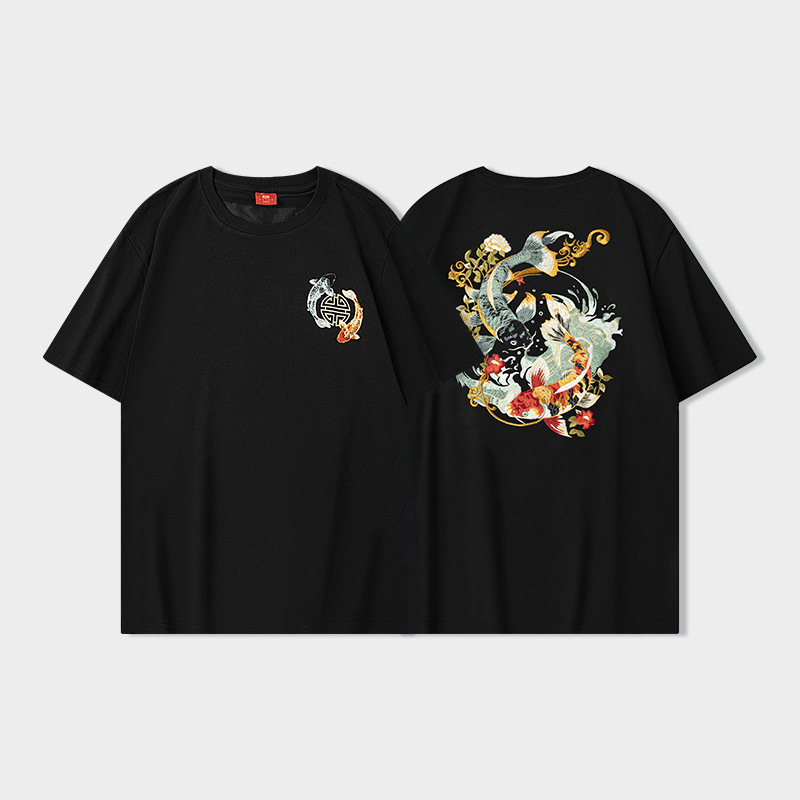 2024 Summer New Short Sleeve T-shirt for Men, Summer Embroidered Blooming Koi, Heavy Weight Chinese Style Loose Fit