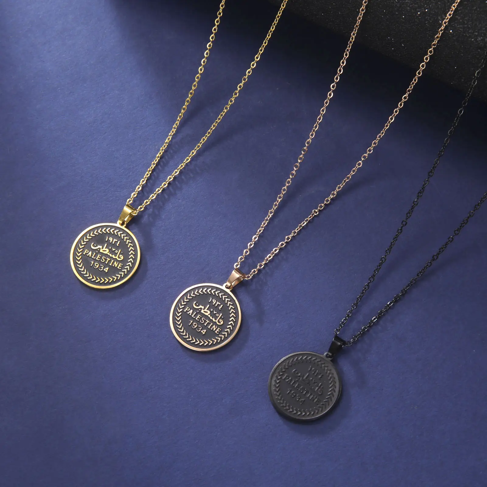Corrosion Double-sided Polished Round Brand PALESTINE Pendant 304 Stainless Steel Necklace