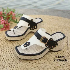 Chunky-heel Metal-buckle Slippers Beach Sandals - White - View 1