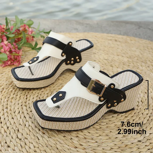 Chunky heel Metal buckle Slippers Beach Sandals White - Shop at LoveMi