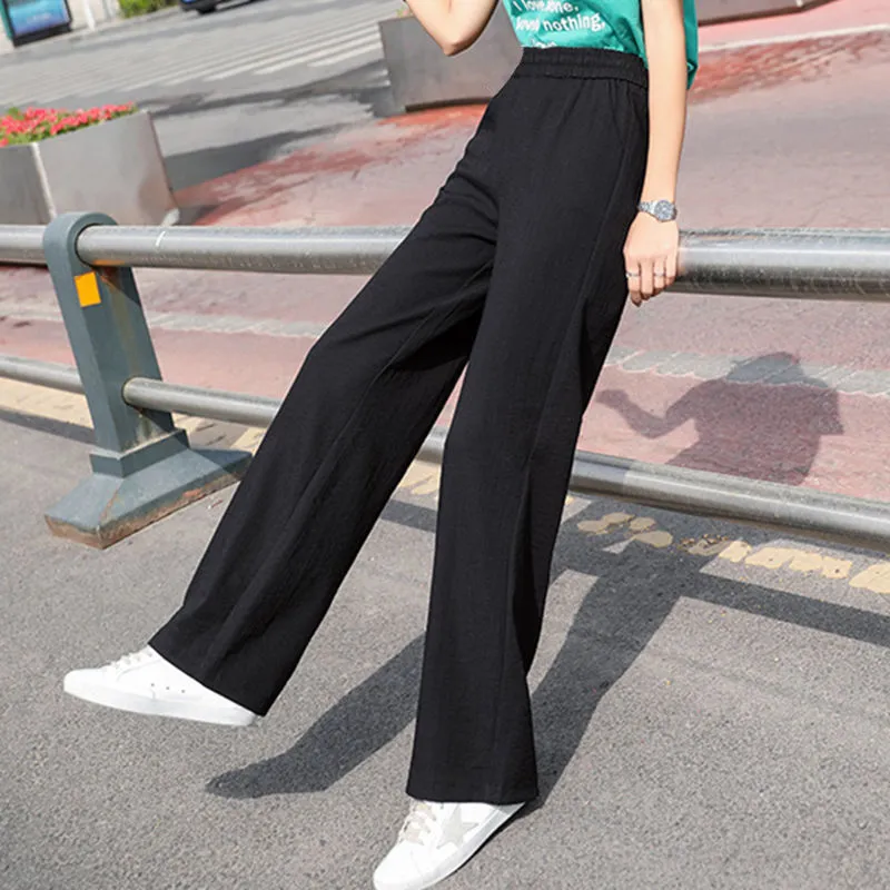 Draping Effect Cotton Linen Wide Leg Pants Women Elastic Waist - Black