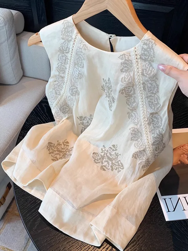 Women's Retro Embroidered Linen Sleeveless Round Neck Vest Light Yellow - Shop at LoveMi