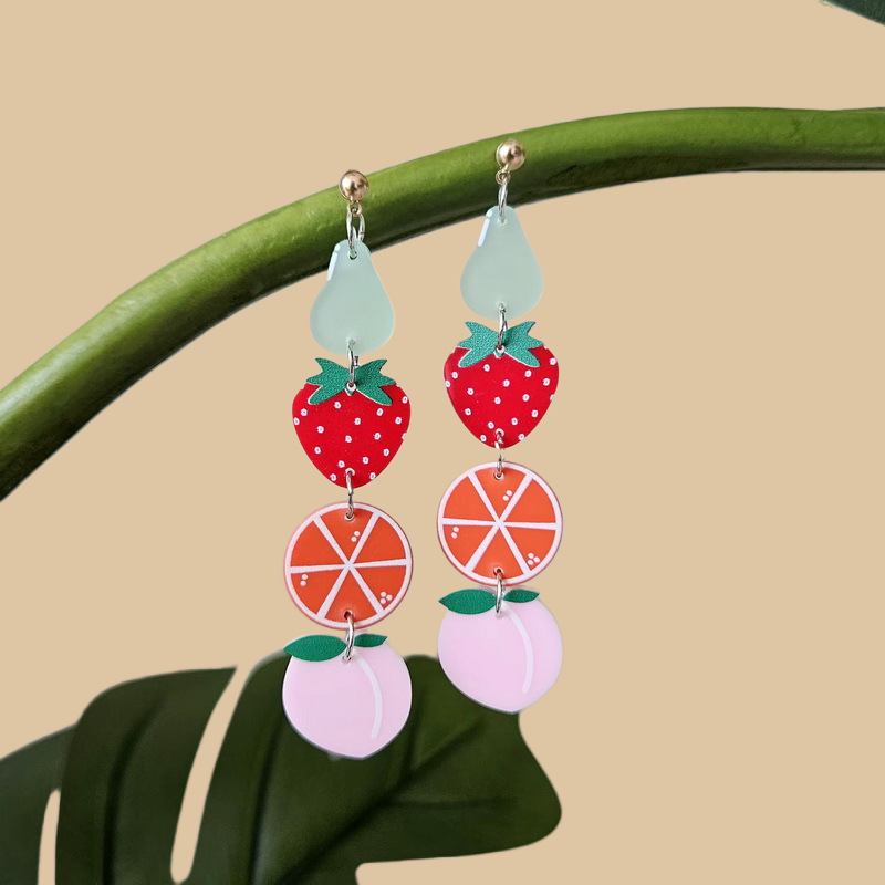 Acrylic Avocado Strawberry Orange Tangerine Peach And Daisy Flower Long Earrings