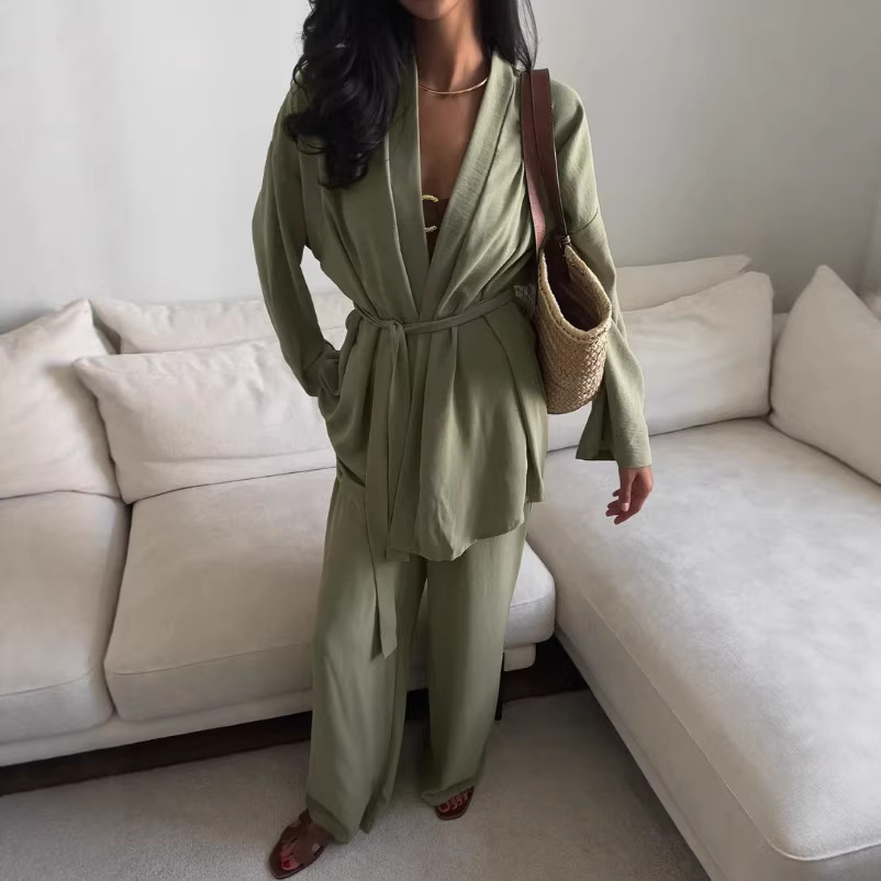 Women's Waist-tightening Lace-up Cardigan And Casual Lounge Pants Two-piece Set product image