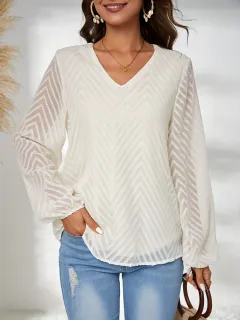 Women's Fashion V-Neck Geometric Jacquard Lantern Long Sleeve Shirt - Beige White - View 1